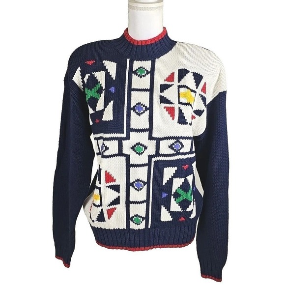 Vintage Lizwear ~Woman Size M~ Blue/White Embroidered Sweater Colorful NWT. - Picture 1 of 12